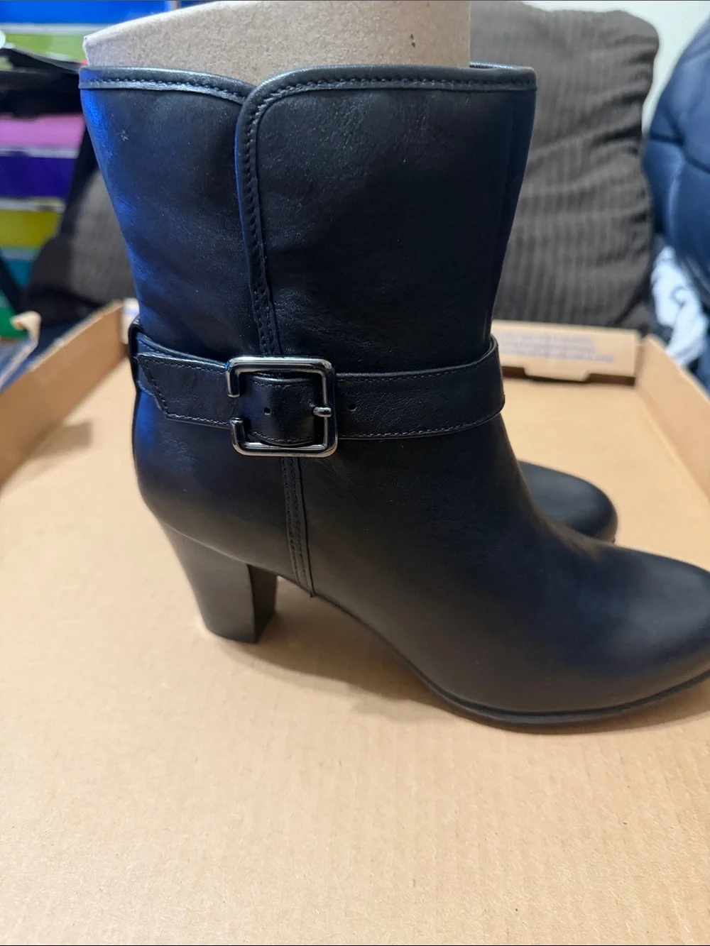 Clarks Black Leather Mid-Heel Ankle Booties with Buckle